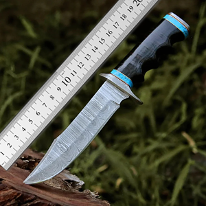 Cuchillo Bowie de hoja fija con patrón de Damasco personalizado, mango con ranura para el dedo, espiga completa, cuchillos utilitarios para exteriores, funda de cuero - Product Image 3