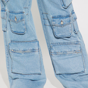 High Waist Light Blue Cargo <b>Jeans</b> Plus Size Loose Fit Full Length Stonewashed Denim Pants With Pockets <b>Button</b> <b>Fly</b> Casual Style - Product Image 6