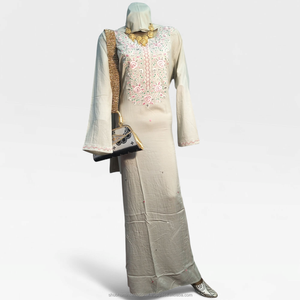 <b>White</b> Embroidered Modal Abaya Dress with Red Turquoise Floral Motifs Long Sleeve Elegant Traditional Party Wear - Product Image 5