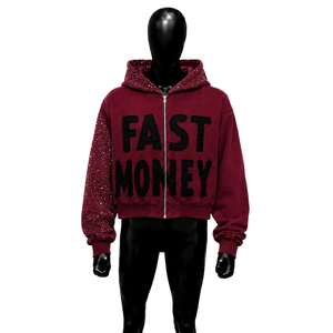 เสื้อฮู้ดซิปผู้ชายสีแดงเลือดหมู พิมพ์ลายกราฟิก FAST MONEY ทรงโอเวอร์ไซส์ ผ้าฟลีซ แขนเสื้อประดับเพชร สไตล์สตรีทแวร์ พิมพ์ลายกลิตเตอร์ ประดับเพชร - Product Image 1