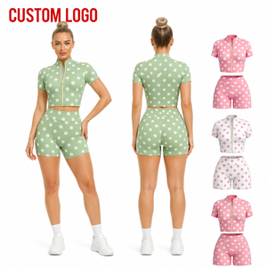 Low MOQ Women <b>2</b> <b>Piece</b> <b>White</b> Polka Dot Matching Set Short Sleeve Zipper Crop Top Biker Shorts Activewear Yoga Set - Product Image 3