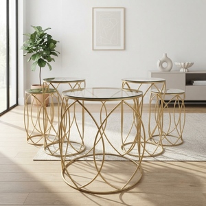 Modern Luxury <b>Gold</b> Metal Wire Frame Nested <b>Coffee</b> <b>Table</b> Set of 5 Round <b>Glass</b> Top Accent Side <b>Tables</b> Living Room Furniture - Product Image 6