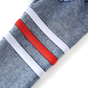 Delta Denim Varsity <b>Cardigan</b> Winter Thick Washed Blue V Neck Button Front Knit <b>Red</b> White Stripe Trim Custom Greek Letter Style - Product Image 4