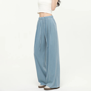 Pantalones Anchos de Cintura Alta para Mujer, Color Sólido, con Cordón, Corte Holgado, Largos, Casuales de Verano, Transpirables, de Secado Rápido, 100% Poliéster - Product Image 2