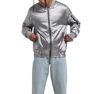 Blouson Bomber en Satin Argenté pour Homme Coupe Classique Fermeture Éclair Couleur Unie Vêtement d'Extérieur Décontracté pour l'Automne - Product Image 3