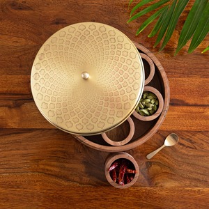 Crafted Metal & Wooden Masala Storage Box Decorative Lid Kitchen Spice Organizer Container for <b>Herbs</b> Seasoning Dining - Product Image 1