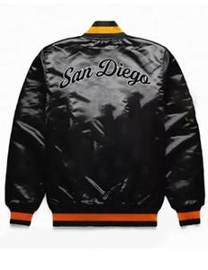 แจ็คเก็ตวาร์ซิตี้ผ้าซาตินสีดำแบบกำหนดเองสำหรับผู้ชาย แจ็คเก็ตบอมเบอร์แต่งขอบสีส้ม ขายส่ง เสื้อเบสบอลแบบ Letterman ชุดกีฬา เสื้อโค้ท - Product Image 2