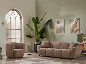 Juego de Sofás de Madera de Teca Sólida de Lujo, Sofá Moderno Curvo de Chenilla Color Taupe, Sofá de 3, 2 y 1 Plazas, Mesa de Centro, Muebles para Sala de Estar de Villa - Product Image 5