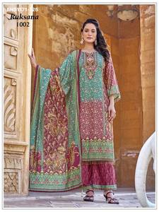 Dernière collection de salwar-kameez prêts-à-porter en satin avec imprimé numérique et manches cloche, bordure en dentelle fantaisie - Collection de mode féminine - Product Image 3