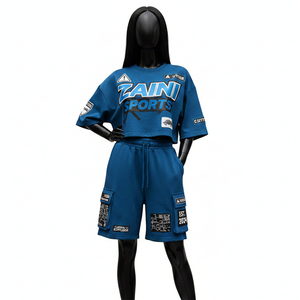 ชุดเสื้อยืดและกางเกงขาสั้นผ้าฝ้ายฟลีซคุณภาพสูงสำหรับผู้หญิง น้ำหนัก 240 กรัม ผ้าเรียบ สีน้ำเงิน รับสกรีนโลโก้ ชุดกีฬาสำหรับผู้หญิง - Product Image 1