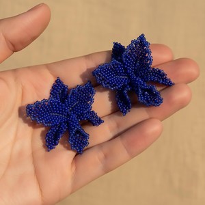 BEST SALE Navy <b>Blue</b> Orchid <b>Earrings</b>, Beaded Flowers, Statement Floral Jewelry, Seed Bead <b>Studs</b>, Botanical Gift FOR ANNIVERSARY - Product Image 2