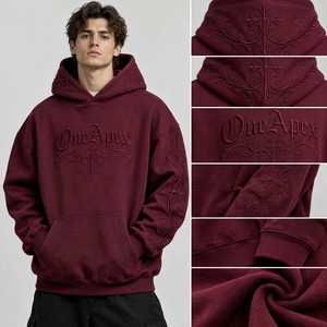 เสื้อฮู้ดดี้ปักลายสีแดงเลือดหมูสำหรับผู้ชาย ผ้าฝ้ายพรีเมียมเนื้อนุ่ม สไตล์สตรีทแวร์ สั่งทำโลโก้ได้ ขายส่ง แฟชั่น - Product Image 2