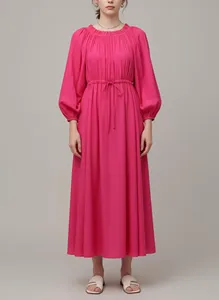Ladies <b>Boho</b> Cotton Linen Maxi <b>Dress</b> Off Shoulder 3/4 Sleeve Elastic Waist Adjustable Tie Loose Fit <b>Long</b> <b>Dress</b> - Product Image 2