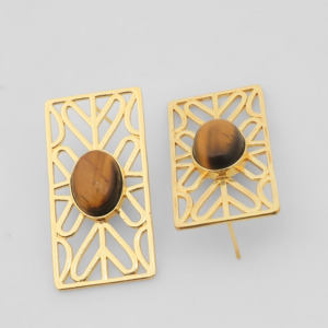Boucles d'oreilles clous plaquées or 18 carats faites à la main avec pierre précieuse naturelle Œil de tigre |   Bijoux de luxe pour femmes - Cadeau pour elle - Product Image 1