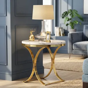 Round End <b>Side</b> <b>Table</b> Coffee <b>Table</b> with Stainless Steel Legs and <b>Marble</b> Stone <b>Top</b> for Living Room Bedroom Office - Product Image 6