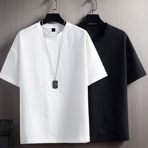 Camiseta de manga corta con cuello redondo para hombre, blanca y negra, de corte regular, informal, de color sólido, de algodón tejido, diseño liso, camiseta blanca y negra para hombre - Product Image 2