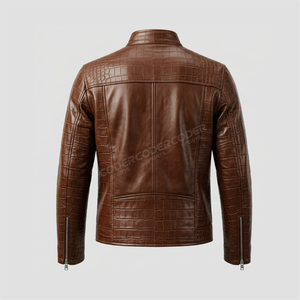 Chaqueta de Cuero PU con Estampado de Cocodrilo para Hombre, Cuello Alto, Cierre de Cremallera, Estilo Motero, Corte Ajustado, para Otoño - Product Image 2