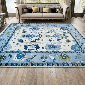 Tapis Oushak en laine noué à la main de luxe, bleu clair, style persan, tapis oriental fait main de haute qualité, abstrait, 1 pièce, salon - Product Image 1