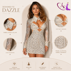 Luxury Hand Embellished Pearl Beaded Cut Mini Dress | Designer Regular Sleeve High Neck Built-in <b>Bra</b> Eco-Friendly Cocktail - Product Image 5