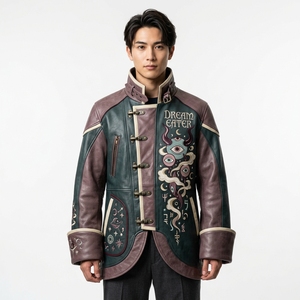 Veste en cuir pour homme de style japonais, col mandarin, design brodé Dream Eater, vêtements d'automne - Product Image 1