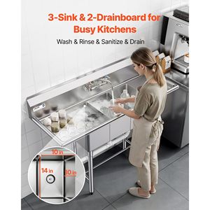 Lavello Commerciale in Acciaio Inossidabile 304 Calibro 18 per Preparazione Cibo, Vasca 25x35x25 cm, con 3 Funzioni di Sterilizzazione per Lavaggio Piatti - Product Image 3