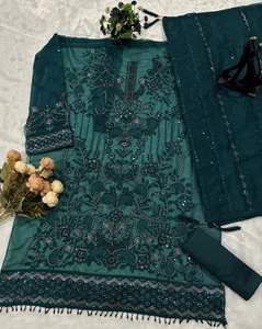 Teal Green Embroidered Traditional Salwar <b>Suit</b> With Dupatta Floor-Length Loose Fit Women's Indian Pakistani Wear - Product Image 1