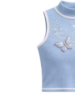 Débardeur côtelé bleu ciel personnalisé pour femme avec col montant et motif papillon en strass, sans manches, été, fabrication sur mesure - Product Image 4