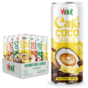 เครื่องดื่มกาแฟนมมะพร้าววานิลลา กระป๋องอะลูมิเนียม 250 มล. VINUT เครื่องดื่มเวียดนาม ผู้ผลิตขายส่ง รับผลิตแบบ OEM ODM แบรนด์ส่วนตัว - Product Image 1