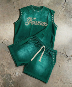 Conjunto de chándal unisex personalizado de lujo con pedrería, chaleco sin mangas y pantalones cortos, estilo vintage lavado, para ropa urbana. - Product Image 5