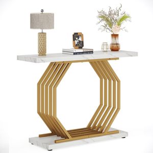 Table console d'entrée moderne convertible HOGA-F1790 pour salon, avec structure en métal doré et plateau en faux marbre, pour la maison - Product Image 6