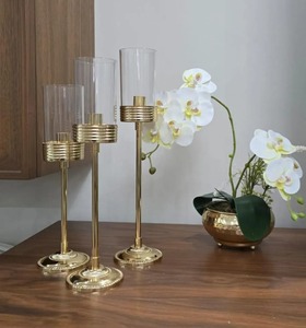 Luxury Gold Metal <b>Candle</b> Stand Set With Glass <b>Hurricanes</b> Decorative Accent Perfect For Living Room And Dining Table From India - Product Image 1