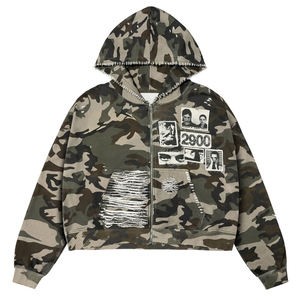 Sudadera con capucha de algodón grueso con efecto desgastado, camuflaje, cremallera, logotipo personalizado, estilo oversize, streetwear, lavado ácido, transpirable para hombre - Product Image 1