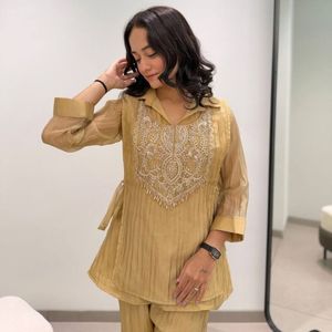 Elegant Beige Knee-Length Regular Fit <b>Kurti</b> Pant Dupatta Set Embroidered Yoke Pleated <b>Indian</b> Pakistani Outfit for Party Wedding - Product Image 3