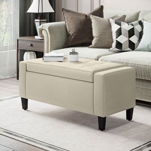 Linen Tufted Storage Ottoman Bench Beige Cube <b>Stool</b> with Lift Top for Spacious Living Room Entryway <b>Bedroom</b> Decor - Product Image 2