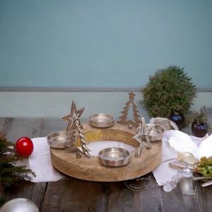 Festive <b>Wooden</b> <b>Christmas</b> Tealight Candle Holder with Metal <b>Trees</b> and Stars Ideal for 2025 Holiday Table Decor - Product Image 1