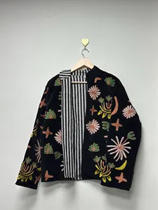 Handmade Black <b>Velvet</b> Suzani <b>Jacket</b> With Tropical Floral Embroidery Full Sleeve Stand Collar Bohemian <b>Women's</b> Winter Coat - Product Image 1
