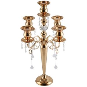 Premium Gold Plated 5 Arms Candelabra Wedding Centerpieces Crystal Bead <b>Hanging</b> Taper <b>Candle</b> Holder for Luxury Event Banquet - Product Image 1