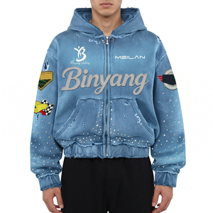 Sweat à capuche vintage délavé avec fermeture éclair ornée de strass, en molleton de coton épais 400 GSM, style Y2K vieilli, streetwear, mode urbaine homme, personnalisable OEM - Product Image 1