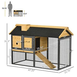 Conigliera Grande in Legno a 2 Piani da 47 Pollici per Esterni con Vassoio Rimovibile, Rampa e Recinto Giallo/Nero Taglia XXL - Product Image 3