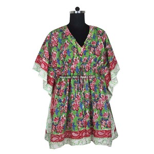 Caftán de Algodón Estampado a Mano XL, Jalabiya India Hecha a Mano, Moda Dubái KFCS096, Abaya Caftán con Mangas Cortas, Diseño Maxi - Product Image 4
