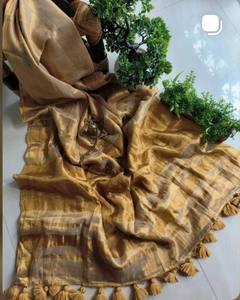 Sari en tissu de lin doré avec pièce de tissu pour la blouse, pour femmes, tenue traditionnelle indienne pour mariage - Product Image 5