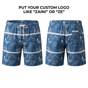 Shorts de Baño para Hombre, 140 GSM, Poliéster con Textura de Piel de Durazno, Estampado Geométrico Azul, Sublimación Personalizada, Etiqueta Tejida, Logotipo Bordado - Product Image 1