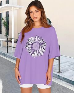T-shirt décontracté en jersey de coton à manches courtes et col rond pour femme, imprimé floral violet, coupe ample, printemps-été - Product Image 3