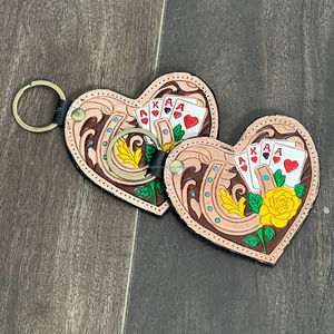 Porte-clés en cuir de vachette véritable avec logo personnalisé, design cœur, fer à cheval et carte de poker, fait main, cadeau unisexe - Product Image 5