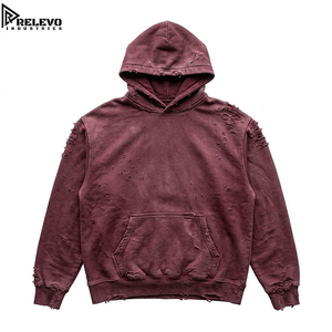 เสื้อฮู้ดดี้โอเวอร์ไซส์สไตล์วินเทจสีแดงเลือดหมู ผ้าคอตตอนหนา 100% กันลม ทรงหลวม ไหล่ตก แต่งขาดๆ แบบสตรีทแวร์ - Product Image 1