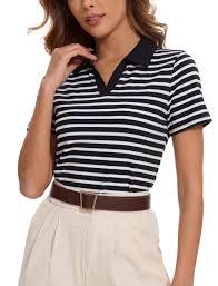 T-shirt rayé pour femme, manches courtes, col polo, pour l'exportation, en mélange de coton respirant, toucher doux, coupe ajustée pour femme - Product Image 2