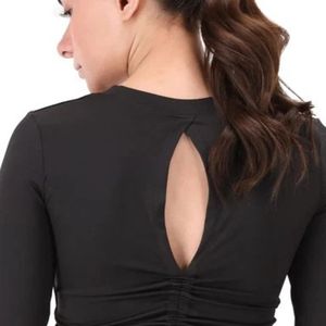 Camisa elegante de moda para mujer, negra, con abertura en la espalda, manga larga, fruncida, con detalle de lazo y ajuste ceñido - Product Image 4