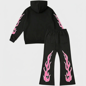 Conjunto de Sudadera con Capucha y Pantalones Largos Acampanados de Chándal para Mujer, Diseño Calavera y Llama, Negro y Rosa, Estilo Urbano, Transpirable, Poliéster, Otoño - Product Image 2