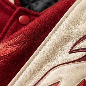 <b>Red</b> <b>Wool</b> And Leather Sleeves Varsity Letterman Jacket With Bird Embroidery And Snap Button Closure Street wear Autumn - Product Image 5