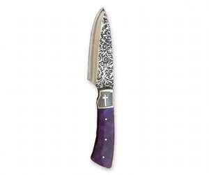 Couteau de cuisine artisanal en acier gravé à l'acide avec emblème croix et manche en perle violette - Product Image 1